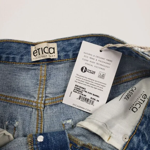 Etica Denim Cassel Ultra High Barrel Jeans Women Size 26 Atwood Wash 100% Cotton - Picture 2 of 16